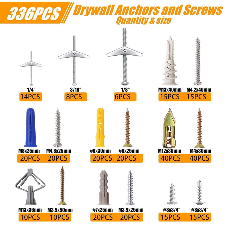 weideer 336PCS 11Sizes Drywall Anchors and Screws Assortment Kit,Toggle Bolts and Wing Nut Kit,Plastic Dry Wall Anchors with Wood Screws Handheld Box (1/4" 3/16" 1/8" #6#7#8 M8 M12 M13) - Image 2